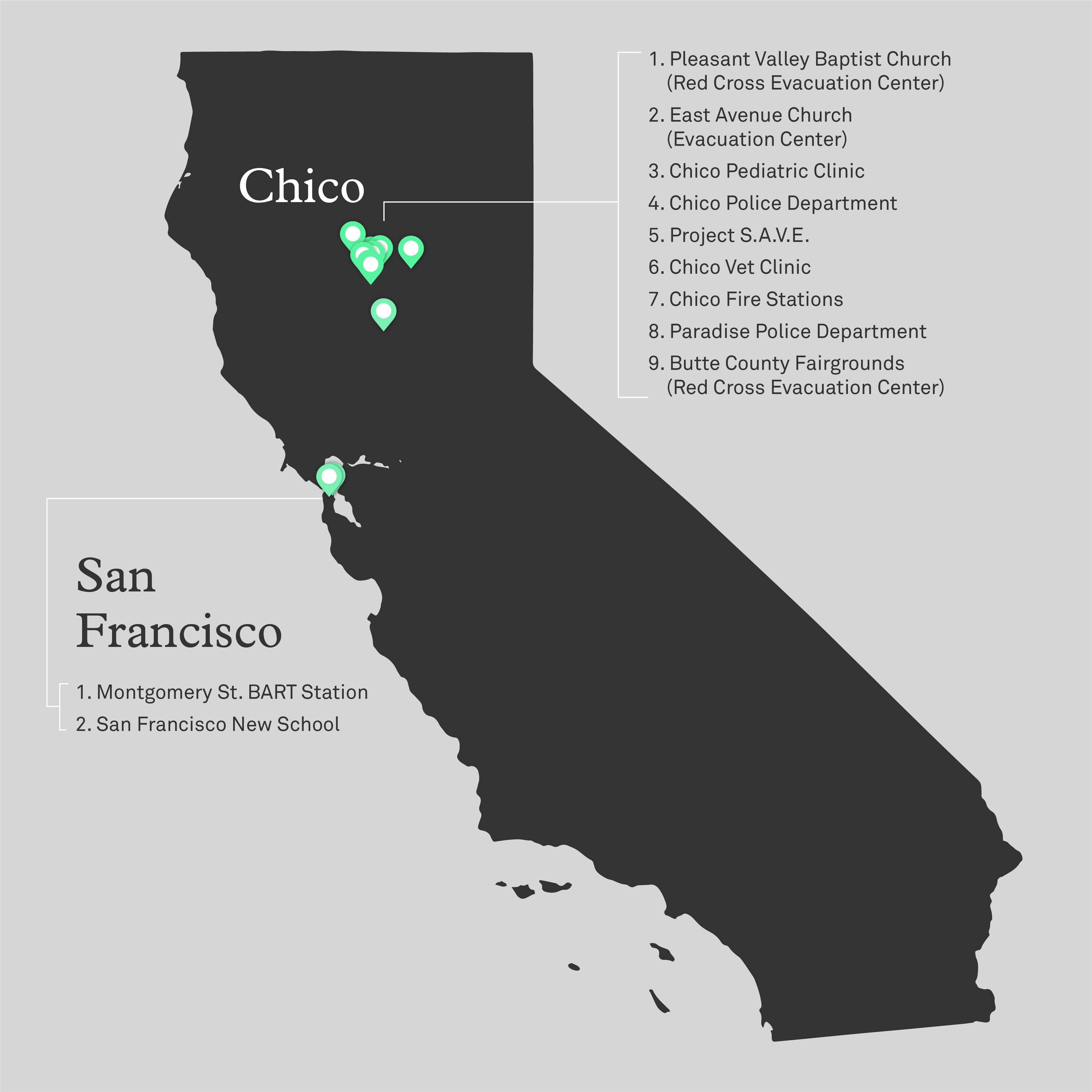California map of cities that received Molekule donations