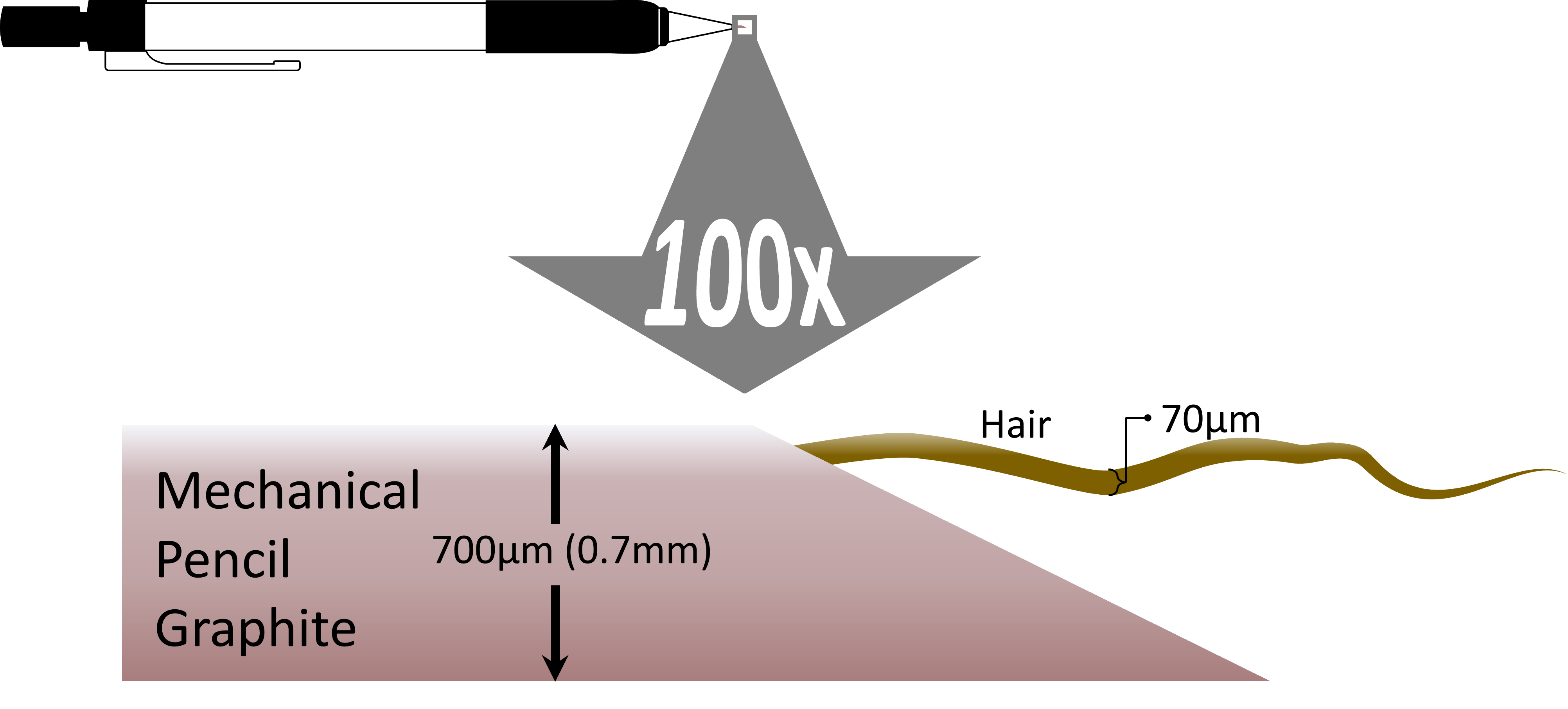 Relative size of human hair and graphite, to scale